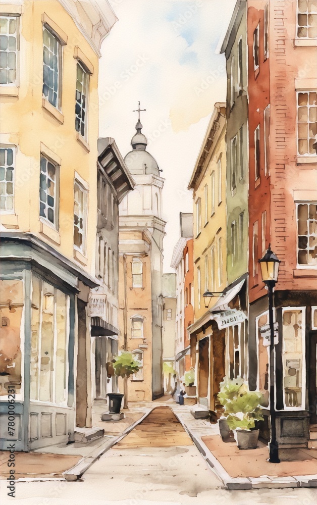 Obraz premium Watercolor painting of a narrow street with colorful buildings in an urban setting with a church in the background