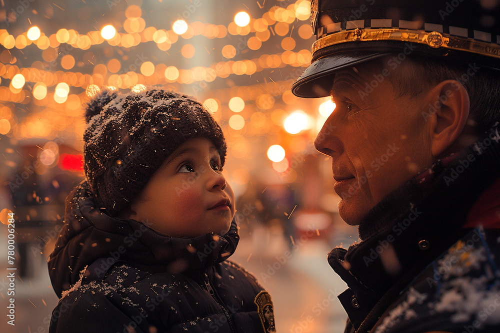 A police officer assisting a lost child find their parents in a crowded city square, demonstrating compassion and care.