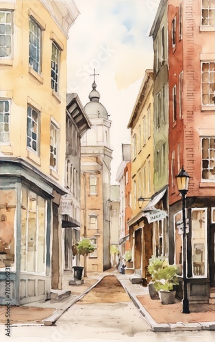 Watercolor painting of a narrow street with colorful buildings in an urban setting with a church in the background