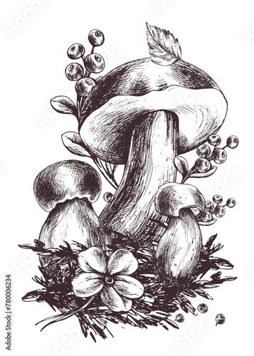Mushrooms forest boletus with grass, blueberries, moss and cone. Graphic illustration hand drawn in black ink. Pre-made composition EPS vector. © NATASHA-CHU