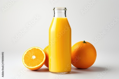 Bottle of fresh orange juice and an orange on a white background isolated
