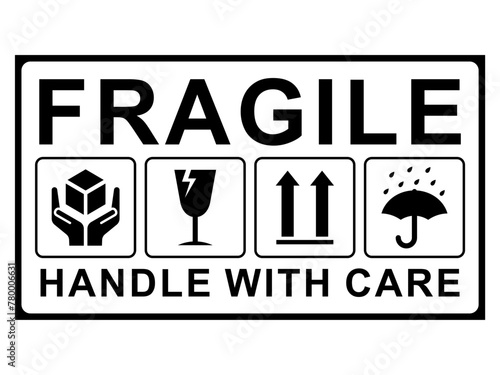 Fragile package icons set, handle with care logistics and delivery shipping labels. Fragile box. Just Print and Use, Vector