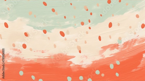 Abstract painting with peachy pink and sage green brush strokes and polka dots.