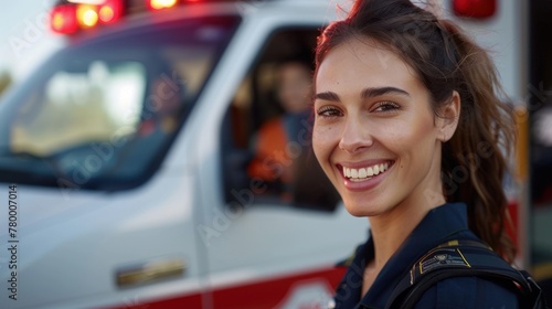 A female paramedic stands in front of an ambulance. She smiles with her hair braided in a ponytail.