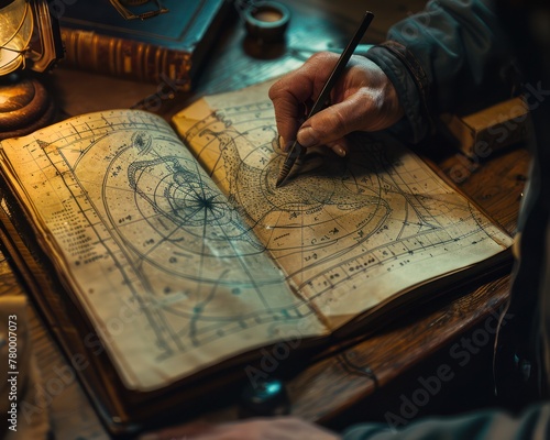 Capture a sailor sketching constellations in a logbook by lantern light, with a realistic drawing of an octopus constellation that sailors have used for ages to navigate the vast oceans photo