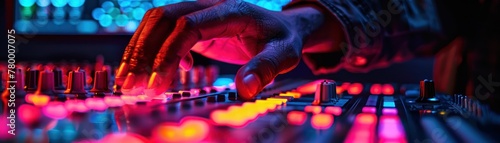 Capture a producer's hand pressing a neon-lit button on a sampler or synthesizer, emphasizing the tactile relationship between the artist and their instruments photo