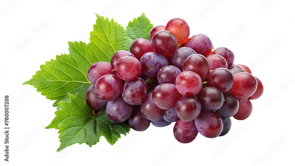Fototapeta premium Ripe red grapes with leaves isolated on transparent background.