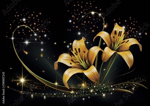 Two golden lilies with dark background and golden sparkles.