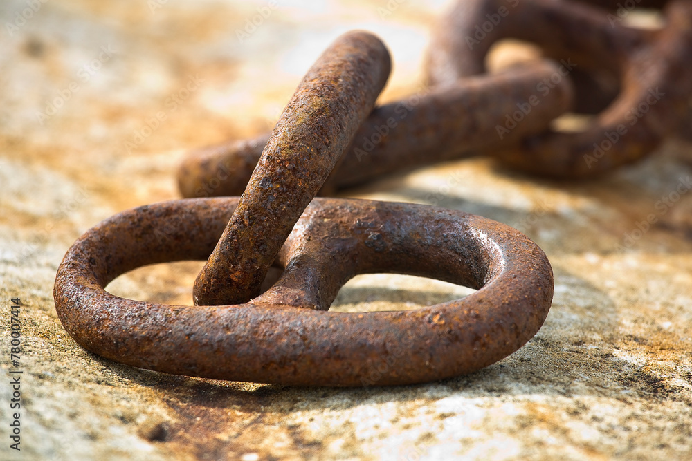 Detail of an old rusty metal chain anchored to a concrete block Detail of an old rusty metal chain anchored to a concrete block