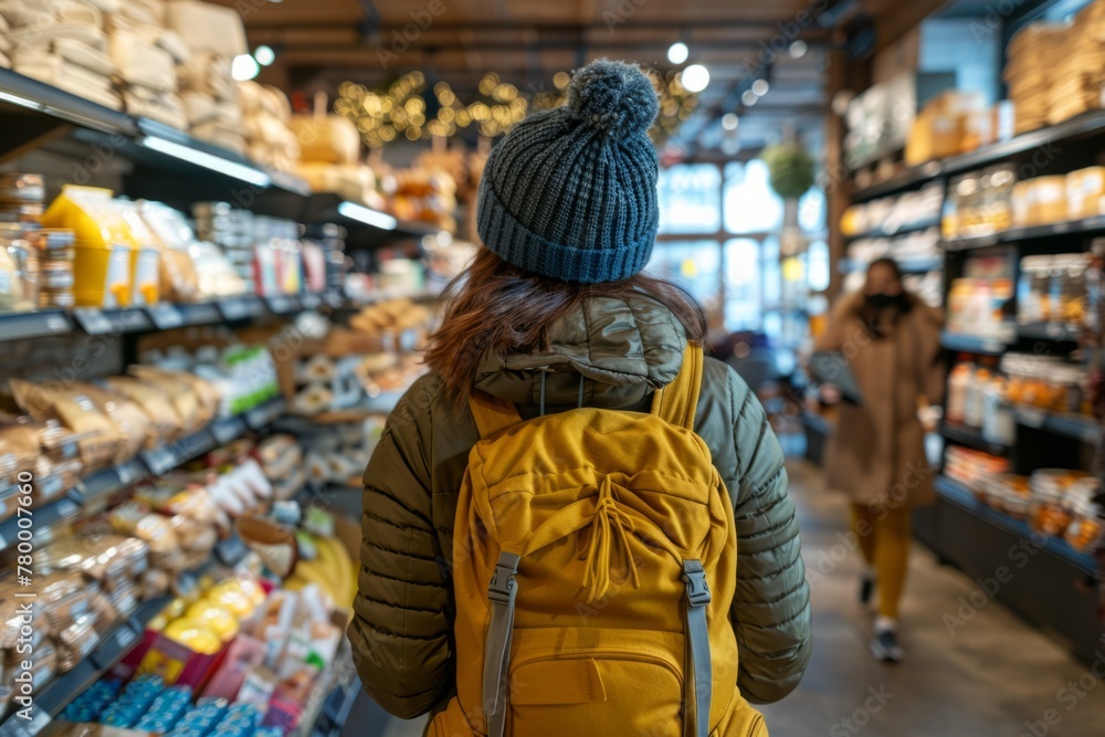 Young beautiful person deciding on groceries choosing food in convenience store organic meal healthy eating habits supermarket market customer looking for a lunch