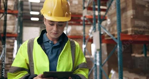 Stress, warehouse and woman with tablet for inventory, online planning or inspection for logistics. Digital app, anxiety and girl in factory for quality control, deadline checklist or problem solving photo