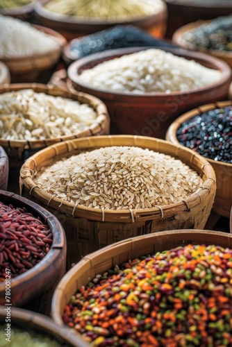 Assorted Baskets Filled With Various Types of Rice