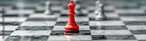 A single red chess piece surrounded by gray pieces on a minimalistic chessboard, emphasizing challenging the status quo photo