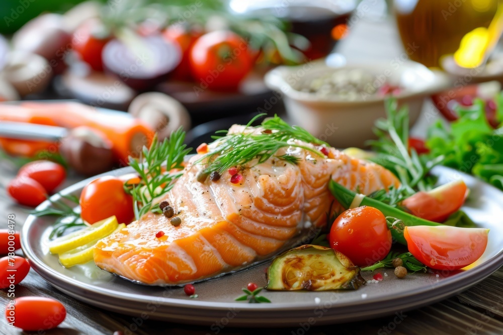 Plate of Salmon and Vegetables on Table Plate of Salmon and Vegetables on Table