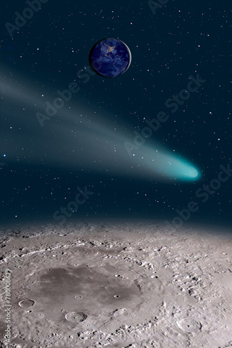 Comet on the space view from moon planet earth in the background "Elements of this image furnished by NASA "