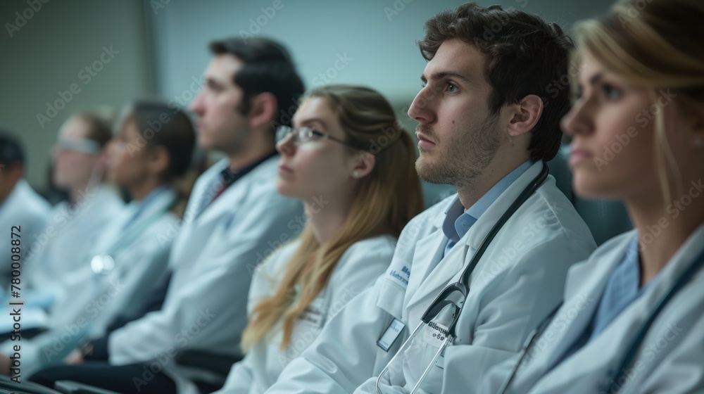 A group of medical students in lab coats sit in a row during a lecture.