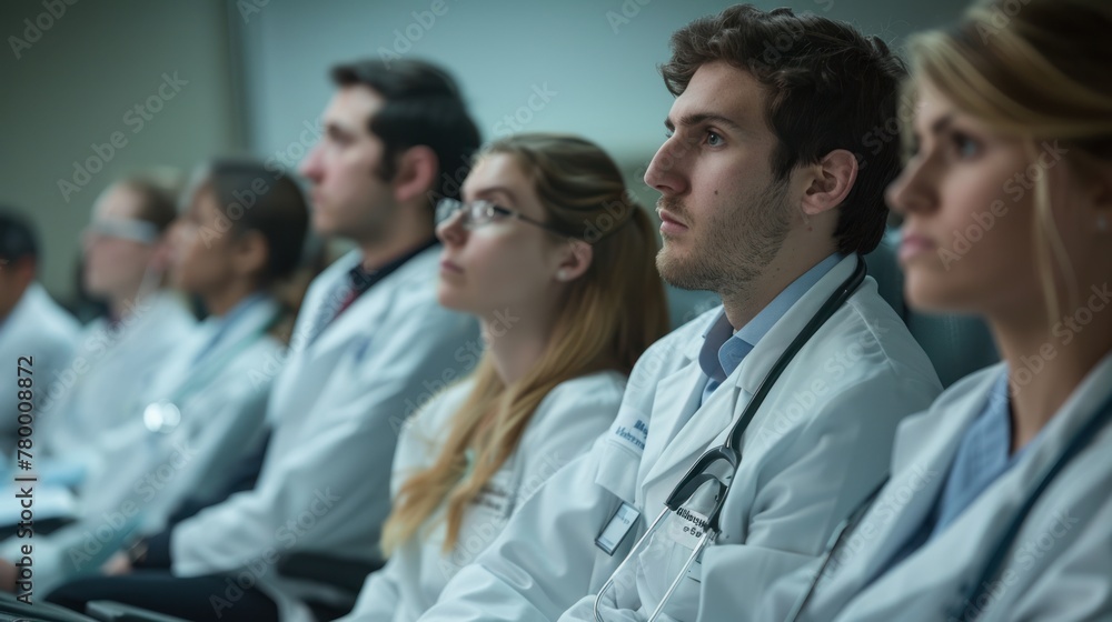 A group of medical students in lab coats sit in a row during a lecture. A group of medical students in lab coats sit in a row during a lecture.