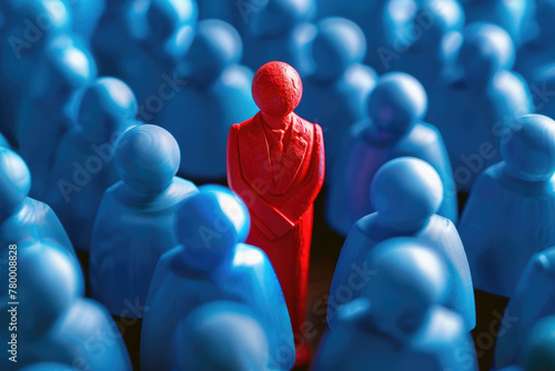 Bright red figure in a thinker pose among passive blue figures, strategic leadership, isolated