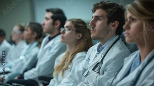 A group of medical students in lab coats sit in a row during a lecture.