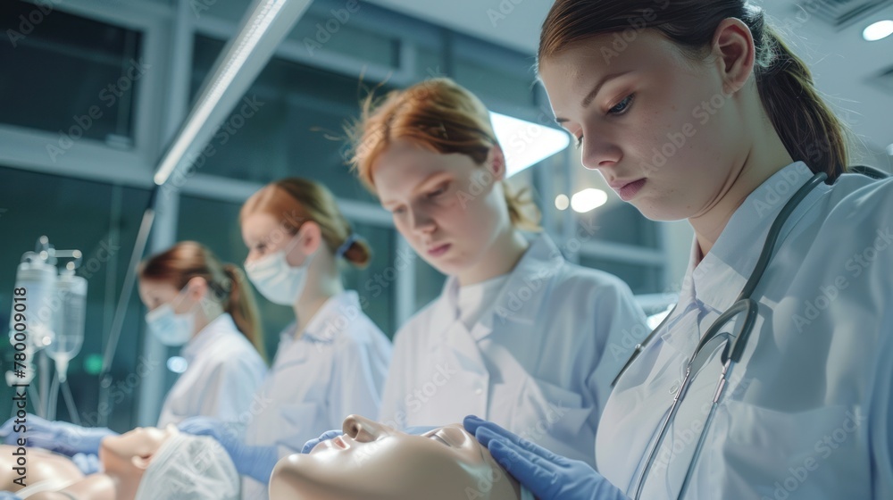 Female trainees, dressed in lab coats and masks, stand around mannequins. Future medical workers on internship. Female trainees, dressed in lab coats and masks, stand around mannequins. Future medical workers on internship.