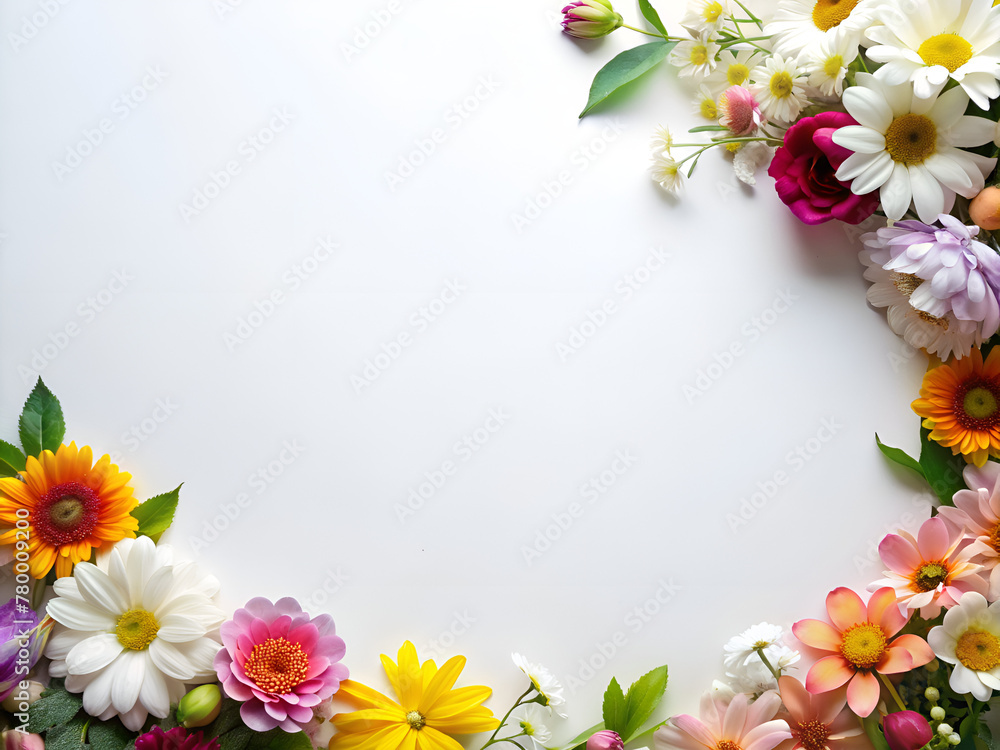 frame of flowers-a white background with a bunch of flowers on it's sides and a white corner with a few flowers on it 
