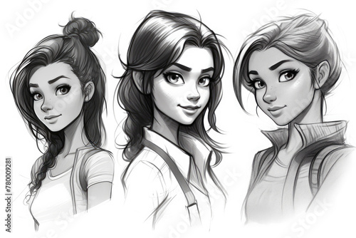 quick pencil sketch drawing,girls character design,cartoon photo
