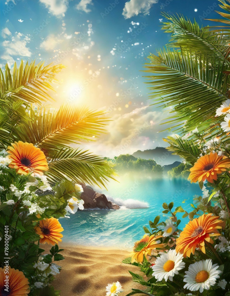 Tropical paradise: sunrise, sandy beach, and vibrant flowers in idyllic scenery