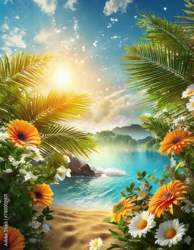 Tropical paradise  sunrise  sandy beach  and vibrant flowers in idyllic scenery