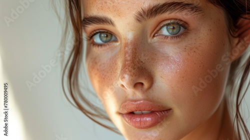 Close-up portrait of a young woman showcasing her natural beauty, with clear blue eyes and freckled skin illuminated by soft light