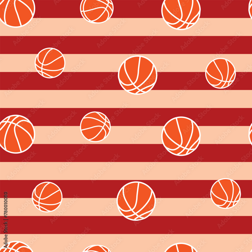 Fototapeta premium SPORTS BASKETBALLS DIFFERENT SIZES AND POSITIONS WITH STRIPE BACKGROUND ALL OVER PRINT SEAMLESS PATTERN VECTOR ILLUSTRATION