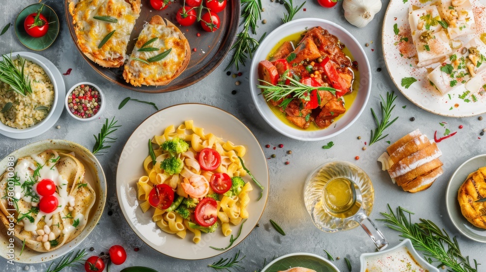 Assorted Italian Dishes on Gray Table Top View Assorted Italian Dishes on Gray Table Top View