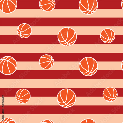 SPORTS BASKETBALLS DIFFERENT SIZES AND POSITIONS WITH STRIPE BACKGROUND ALL OVER PRINT SEAMLESS PATTERN VECTOR ILLUSTRATION