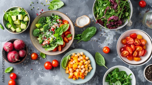 Assorted Fresh Vegetable Bowls with Spinach, Broccoli, and Chickpeas