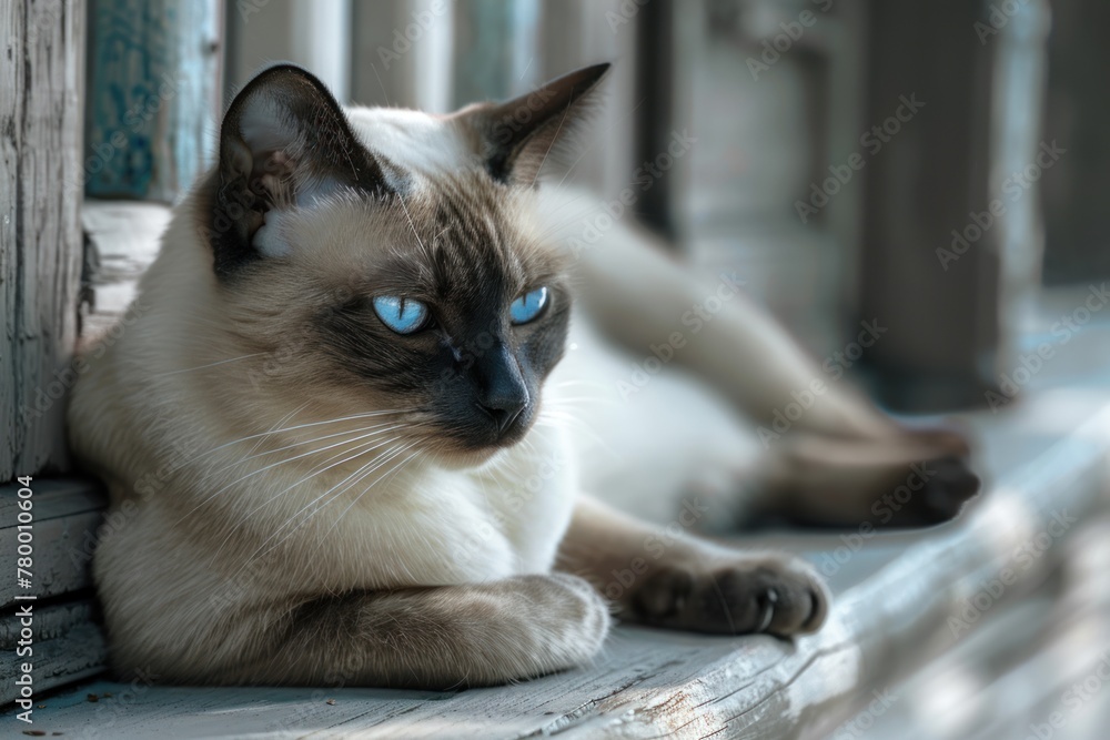 Black and white cat enjoys peaceful repose on veranda, a serene snapshot of feline contentment.