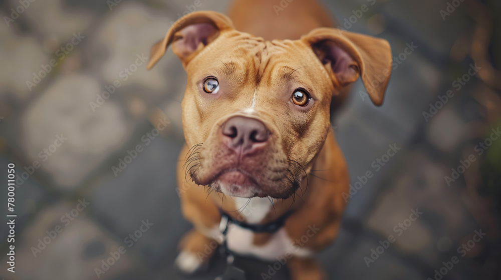A cute Pitbull dog with floppy ears and soulful eyes, wagging its tail eagerly as it gazes up at its owner with unconditional love and loyalty A cute Pitbull dog with floppy ears and soulful eyes, wagging its tail eagerly as it gazes up at its owner with unconditional love and loyalty