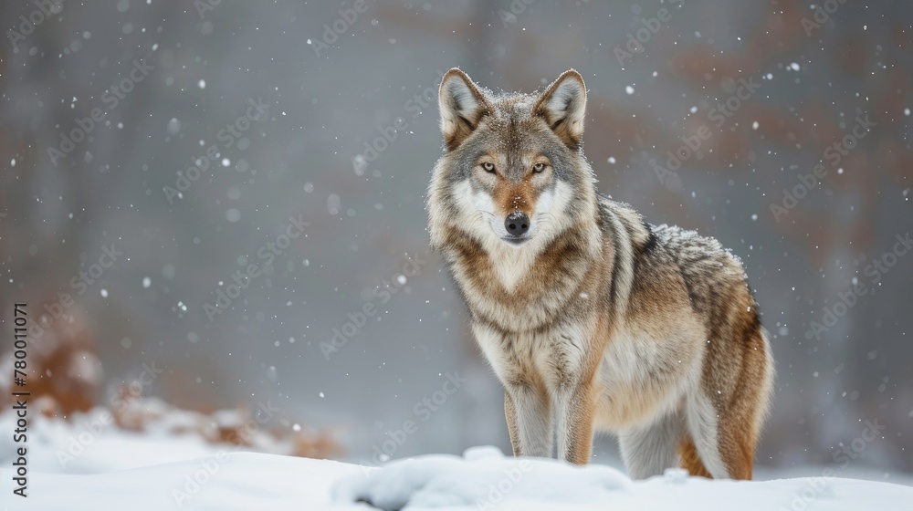 A majestic wolf standing in a snowy forest, its piercing gaze capturing the essence of wilderness and winter A majestic wolf standing in a snowy forest, its piercing gaze capturing the essence of wilderness and winter
