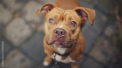 A cute Pitbull dog with floppy ears and soulful eyes  wagging its tail eagerly as it gazes up at its owner with unconditional love and loyalty