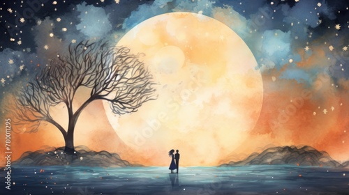 A watercolor couple stands under a bare tree in front of a large moon. Valentine's Day.