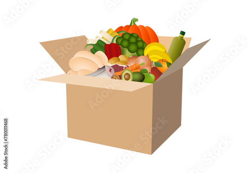 Caja de cartón llena de alimentos variados. Dieta.mediterránea. Donación de alimentos