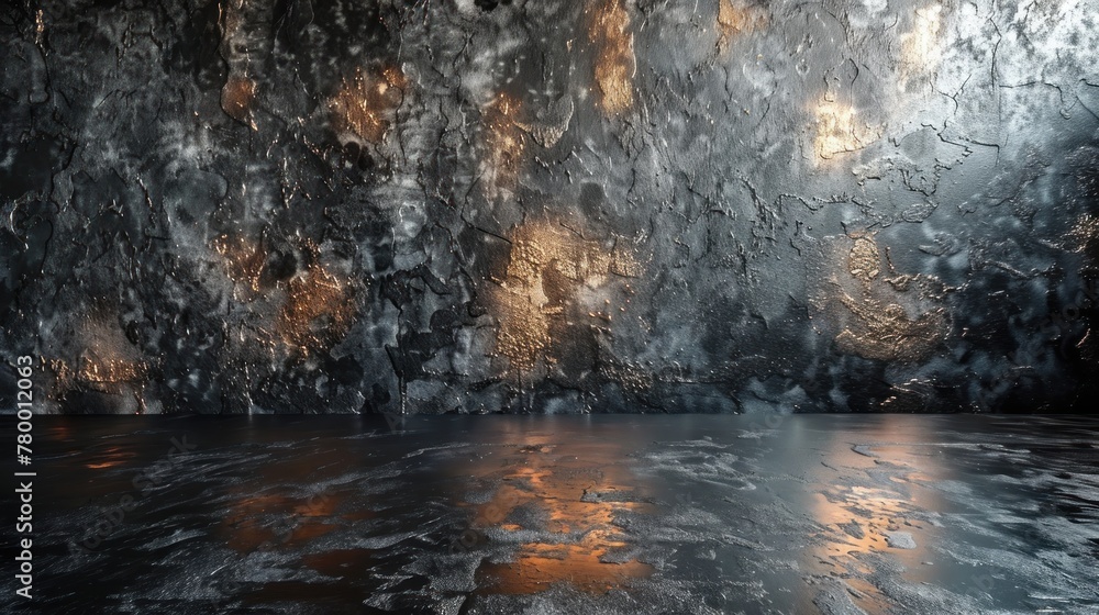 Black, dark and gray abstract cement wall and studio room, interior texture for display products