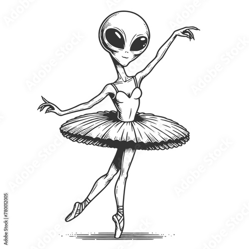 alien as a ballerina, sci-fi with classical dance sketch engraving generative ai fictional character vector illustration. Scratch board imitation. Black and white image.