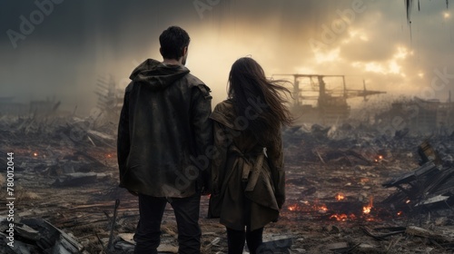 A man and a woman stand facing a city destroyed by an explosion. They are dressed in dark brown clothes and wear coats. The sky is dark and the ground is covered in debris and fire.