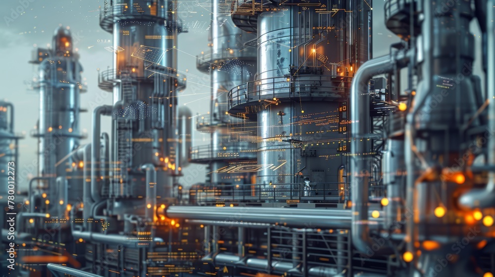 Futuristic visualization of a digitalized oil refinery with glowing lines and nodes.