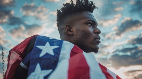 Man draped in the American flag against a cloudy sky, looking off to the distance. Pride and freedom concept