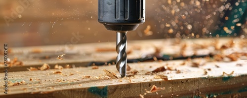 Drill bit boring into wood plank, generating sawdust. Close-up shot with dynamic movement.