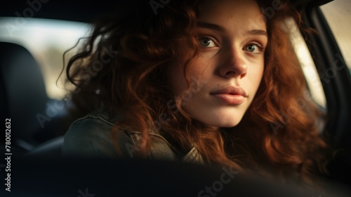 A woman with curly red hair sits in the driver's seat of a car. © ProPhotos