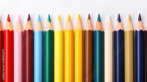 On a white background there is a row of colored pencils of different colors.