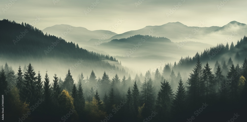 Misty Forest Landscape: Aerial View of Dark Green Pine Trees in a Serene Mountainous Region