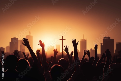 Silhouettes of Worshipers Raising Hands Towards the Cross at Sunset - A Symbol of Faith and Community