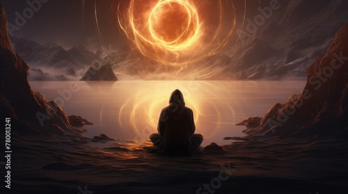 The figure sits cross-legged in front of a body of water, facing a circular light. The light is orange, with an orange spiral coming out of it. The sky is dark and the water has a red reflection. photo
